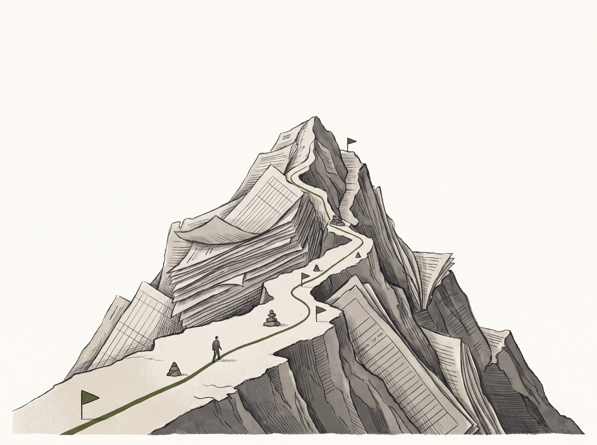An ink-and-wash mountain built from stacked pages of statute, with a small marked path climbing it.